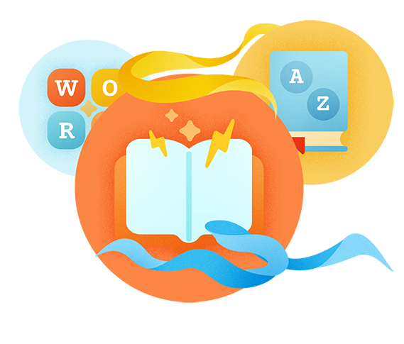 Yellow, blue, and orange graphic with letters, ribbons, and a book